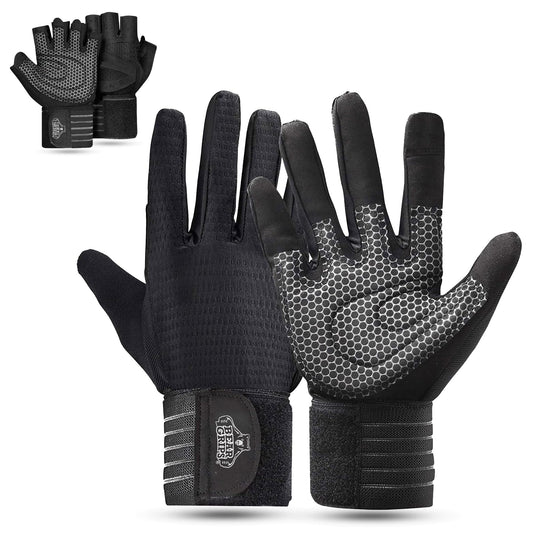 Bear Grips Weight Lifting Armor Gloves for Men & Women | Full Finger Lifting Armor & Workout Gloves (Black-Full Finger, Large)