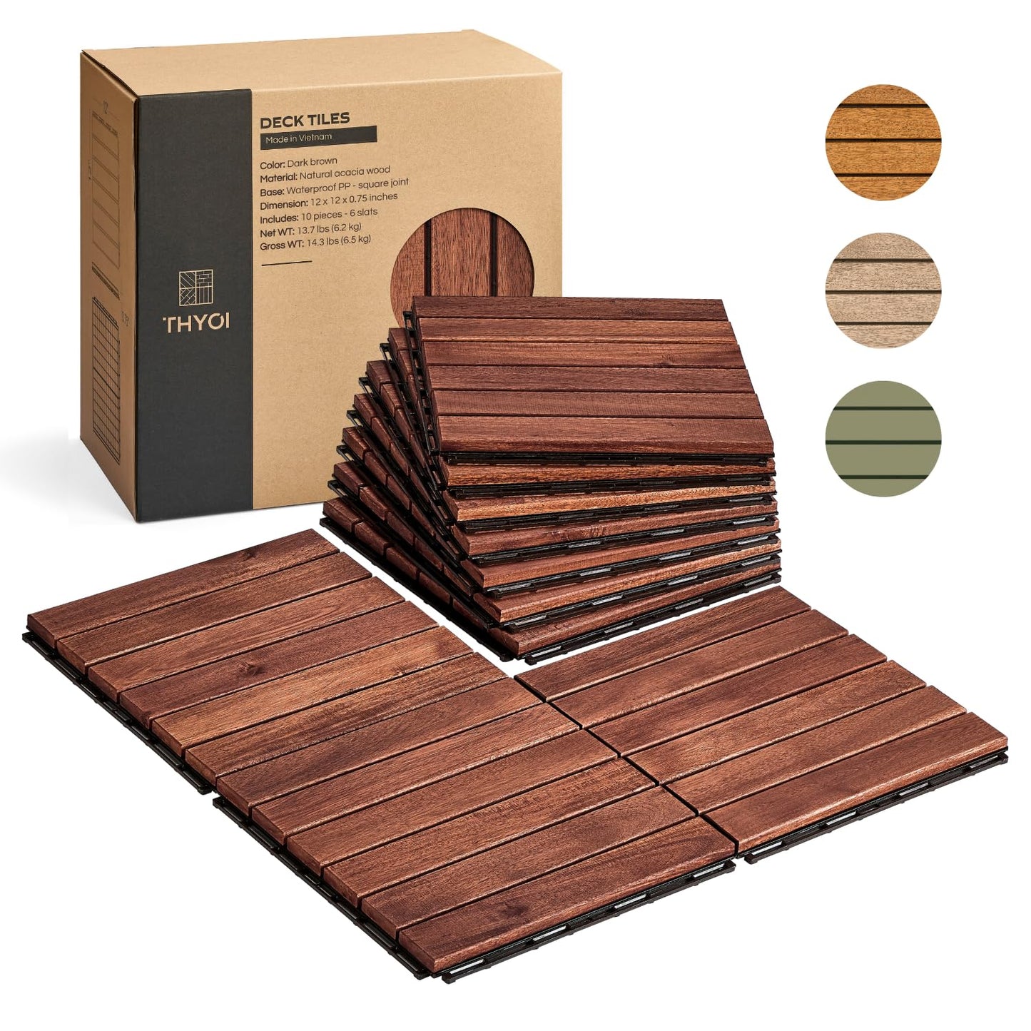 Outdoor Waterproof Acacia Wood Deck Tiles - 10 Pcs Patio Flooring for All Weather Use