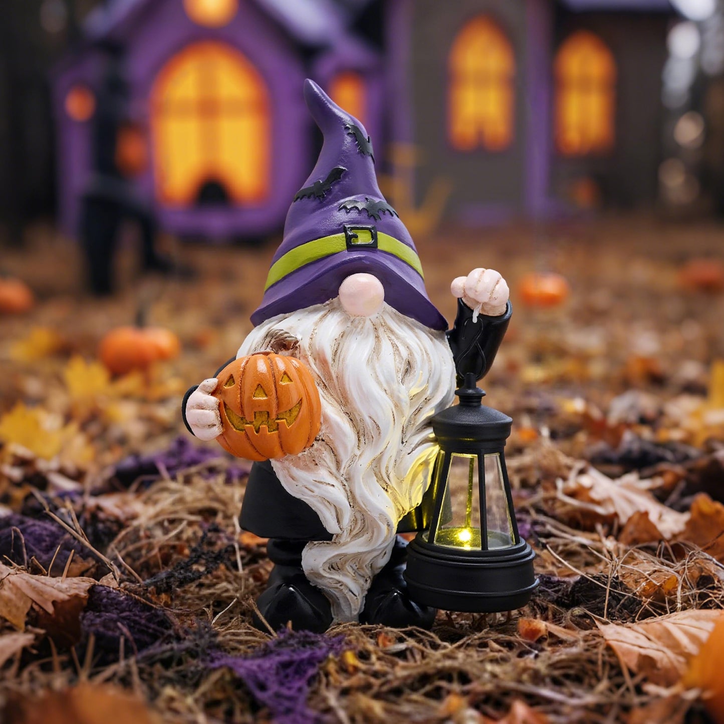 TERESA'S COLLECTIONS Halloween Decorations Garden Gnomes Statues with Solar Lights,Cute Purple Bat Hat Resin Decor with Lantern for Home,Table,Outdoor,Yard,Pumpkin Jack-o-Lanterns,Gifts for Party,8"