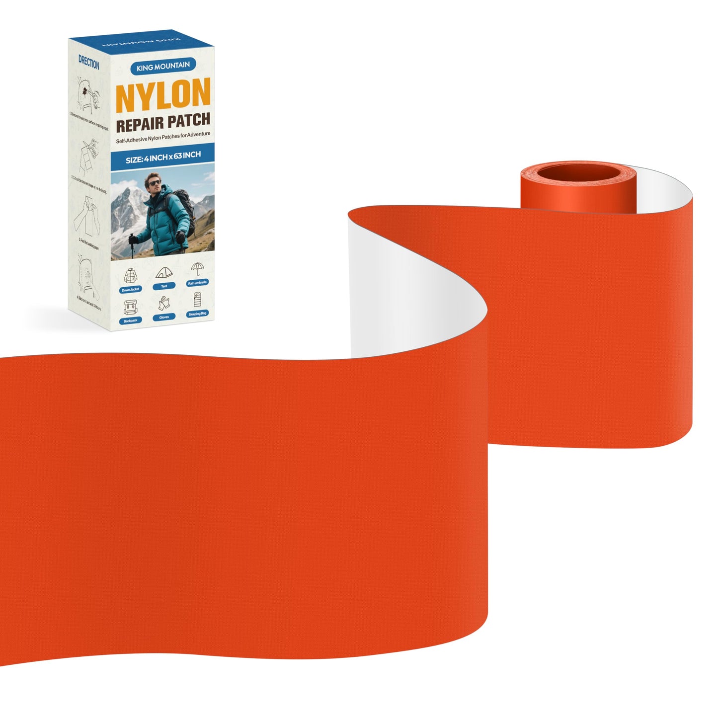 KING MOUNTAIN Self Adhesive Nylon Fabric Repair Tape, 4×63 Inches, Quick Down Jacket Repair Patch, Waterproof Outdoor Gear Patch Kit for Tent,Backpacks,Umbrella, Gloves, Sleeping Bag (Orange)
