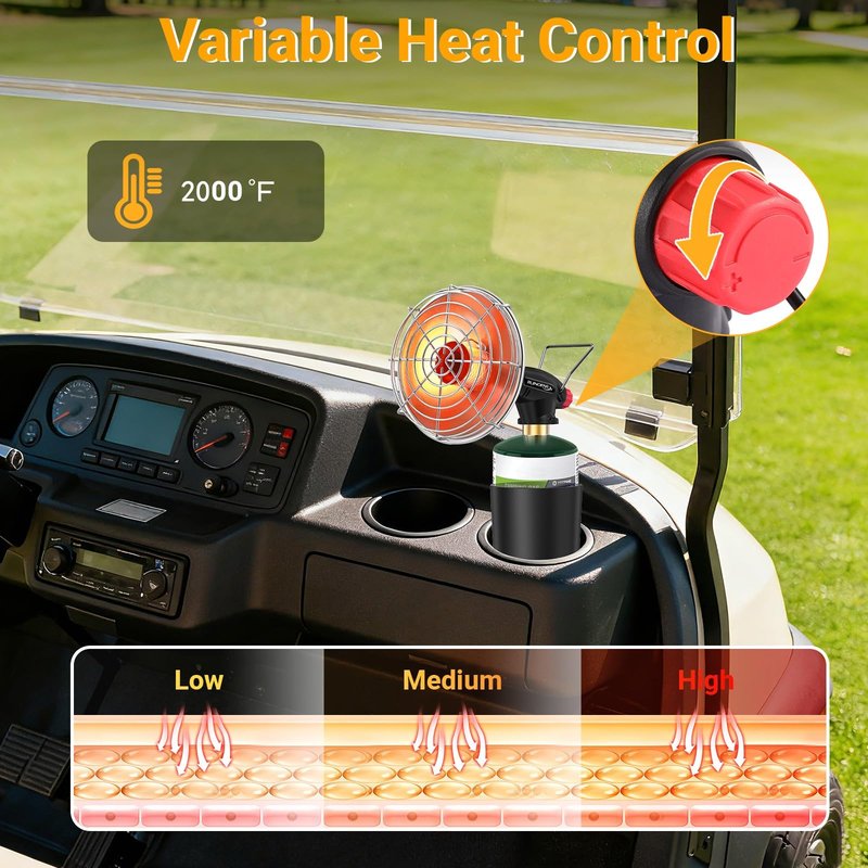 Golf Cart Heater,Portable Propane Camping Heater,2-in-1,with Cup Holder&Foldable Propane Cylinder Stand for EZGO Yamaha Club Car,Camping,Tents,Hunting,Ice Fishing(Fuel Cylinder not included)(2000℉)