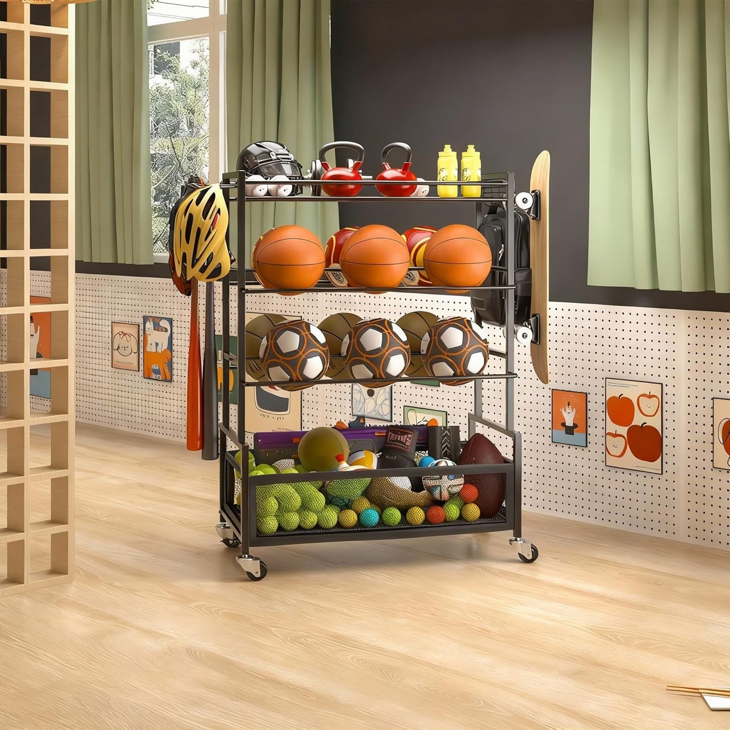 SOYEEZE Sports Equipment Organizer - 4-Tier Ball Storage Rack with Wheels & Hooks for Garage or Gym Use