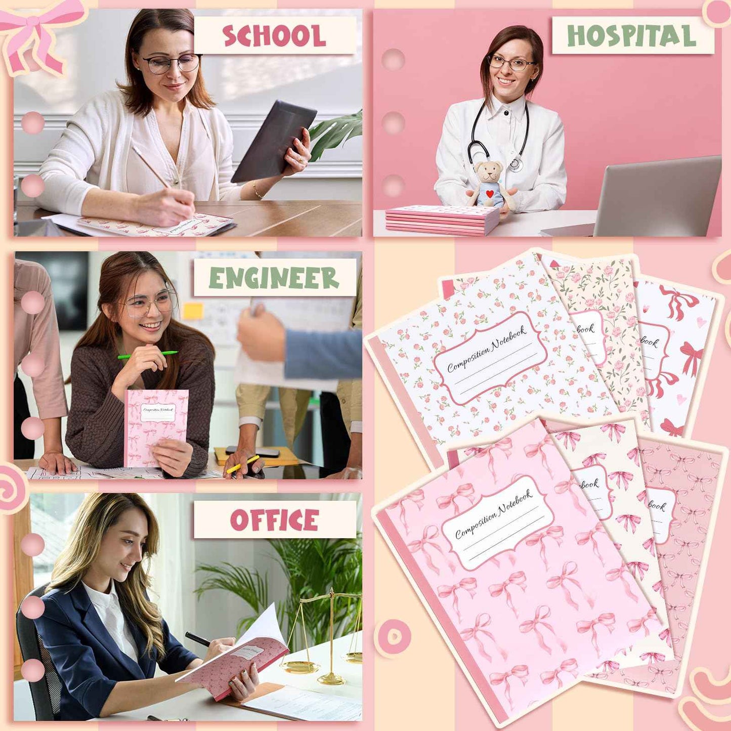 Fullhawl 6 Pcs Bow Composition Notebooks, Preppy Coquette Notebook College Ruled Journal, 110 Page, Cute Back to School Gift for Teacher, Student, First Day of Schooll(Pink,9-3/4 x 7-1/2")