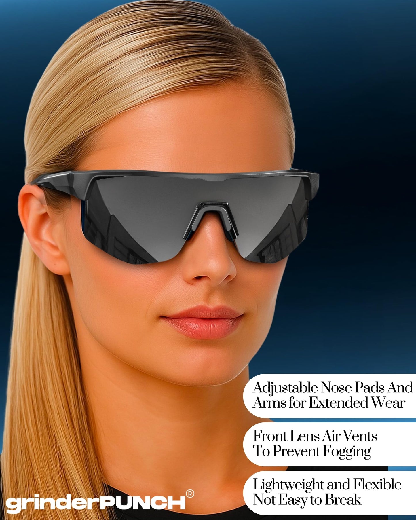 grinderPUNCH UV 400 Sports Sunglasses Cycling Glasses, Biking Goggles Running Hiking Golf Fishing Driving (Black)