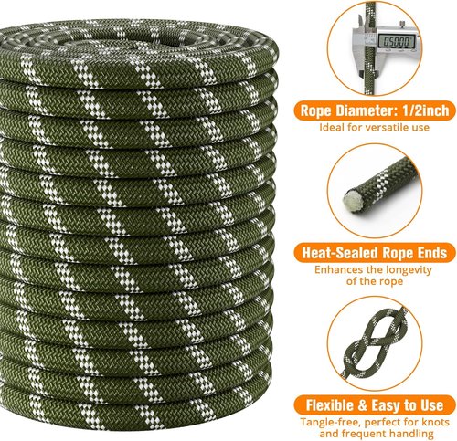 Double Braided Arborist Rigging Rope - Heavy Duty 1/2 in X 150 ft Polyester for Tree Work | Army Green