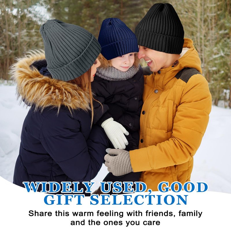Syhood 6 Pieces Men Beanie Winter Hat Gloves Set, Winter Knitted Hats Thick Warm Knitted Skull Cap Touchscreen Gloves Unisex(Black,Navy Blue,Dark Gray)