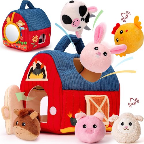 Hahaland Baby Toys - Surprise Barn Stuffed Farm Animals | Rattle, Crinkle, Montessori Sensory Toys for 6-12 Months