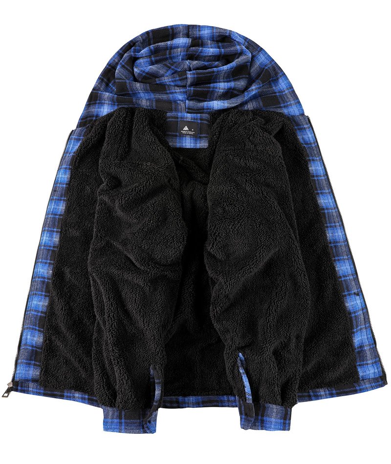V VALANCH Men's Flannel Shirt Jacket with Hood Fleece Lined Plaid Jacket Zip Up Winter Warm Coat Black Blue XL