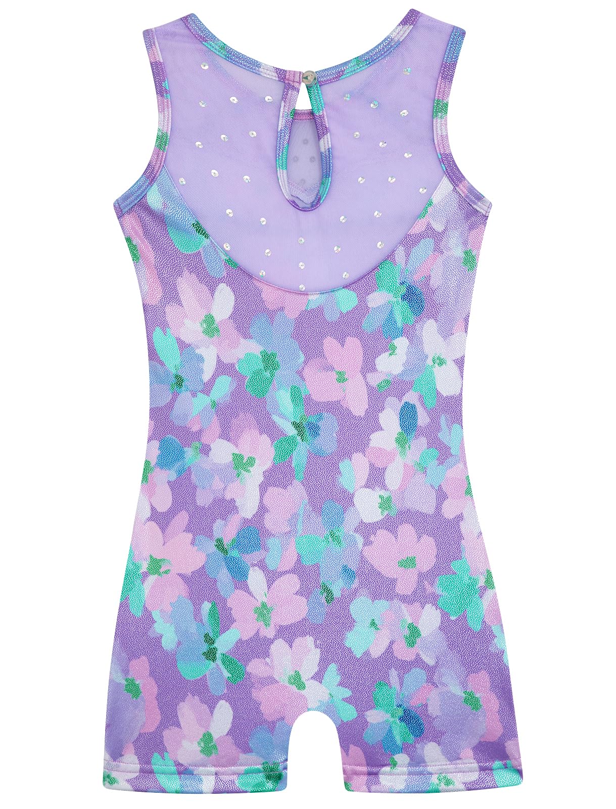 HOZIY Leotards for Girls Gymnastics 3t 4t Mesh Neckline with Iridescent Rhinestones Back Cut Out Sleeveless Purple Floral Biketard Shorts Tumbling Outfits Toddler Kids Sparkly Shiny