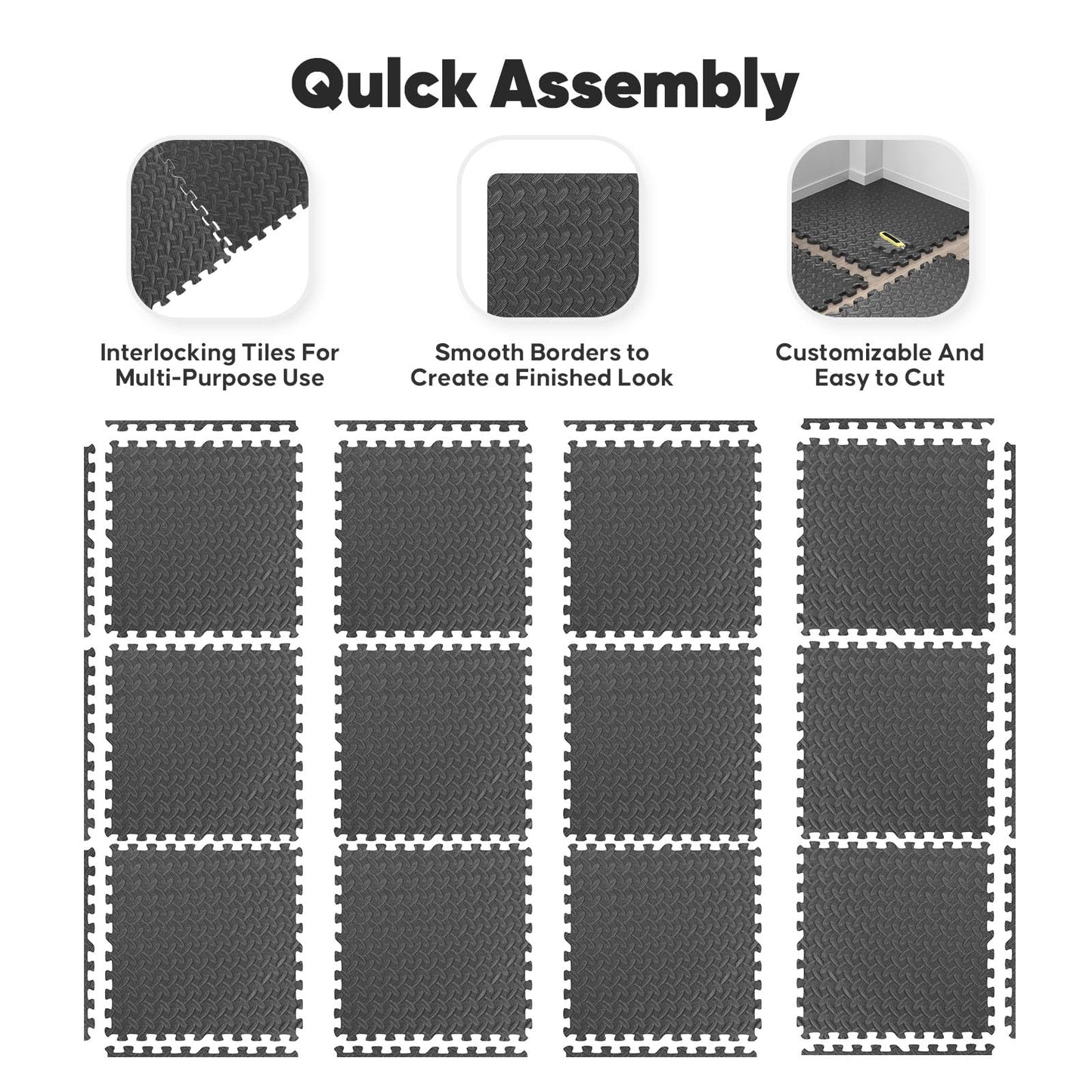 12 Pack 48 sqft Home Gym Mat, Puzzle Exercise Mat, EVA Interlocking Foam Floor Tiles for Home Workout Equipment and Kids' Play Areas - Black, 24 in x 24 in x ½ in - 12 Tiles (Black, 12 Pack, 48 SQ FT)