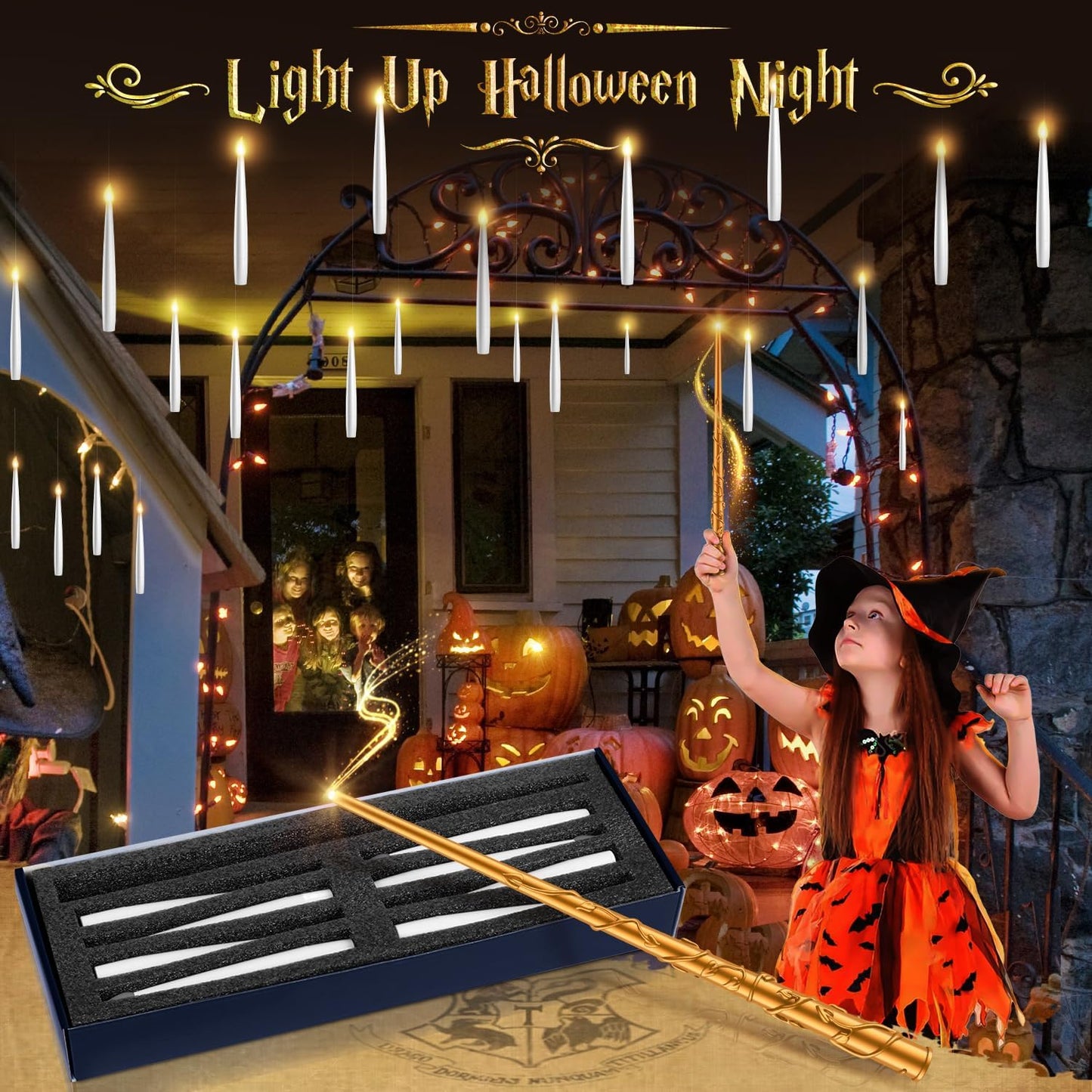 TLPUHU Floating Candles with Wand - 18 Pcs Halloween Decorations Magic Flameless Candles Flickering Warm Light Battery Operated LED Hanging Candles for Christmas Window Bedroom Birthday Party Decor