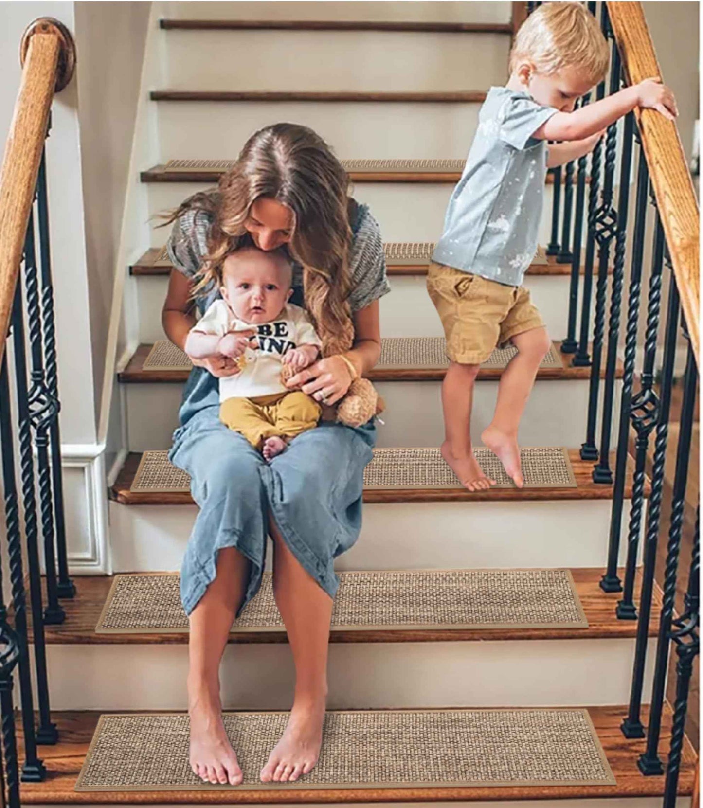 GROWLING Linen Stair Treads for Wooden Steps Indoor 30x8 inch, 4pcs Upgraded Self Adhesive Backing Non Slip Stair Carpets, Peel and Stick Stair Runner Rugs, Reusable Staircase Step Treads(Beige)