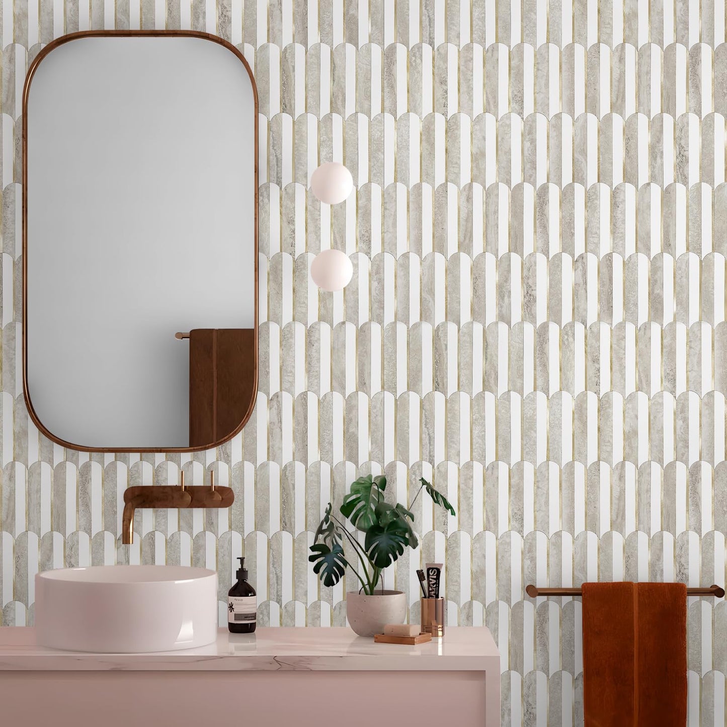 Vamos Tile Peel and Stick Backsplash Seamless Tile,1-Sheet Stick on Backsplash for Kitchen and Bathroom,White and Beige Slate PVC Mixed Metal Gold Self Adhesive Mosaic Tiles