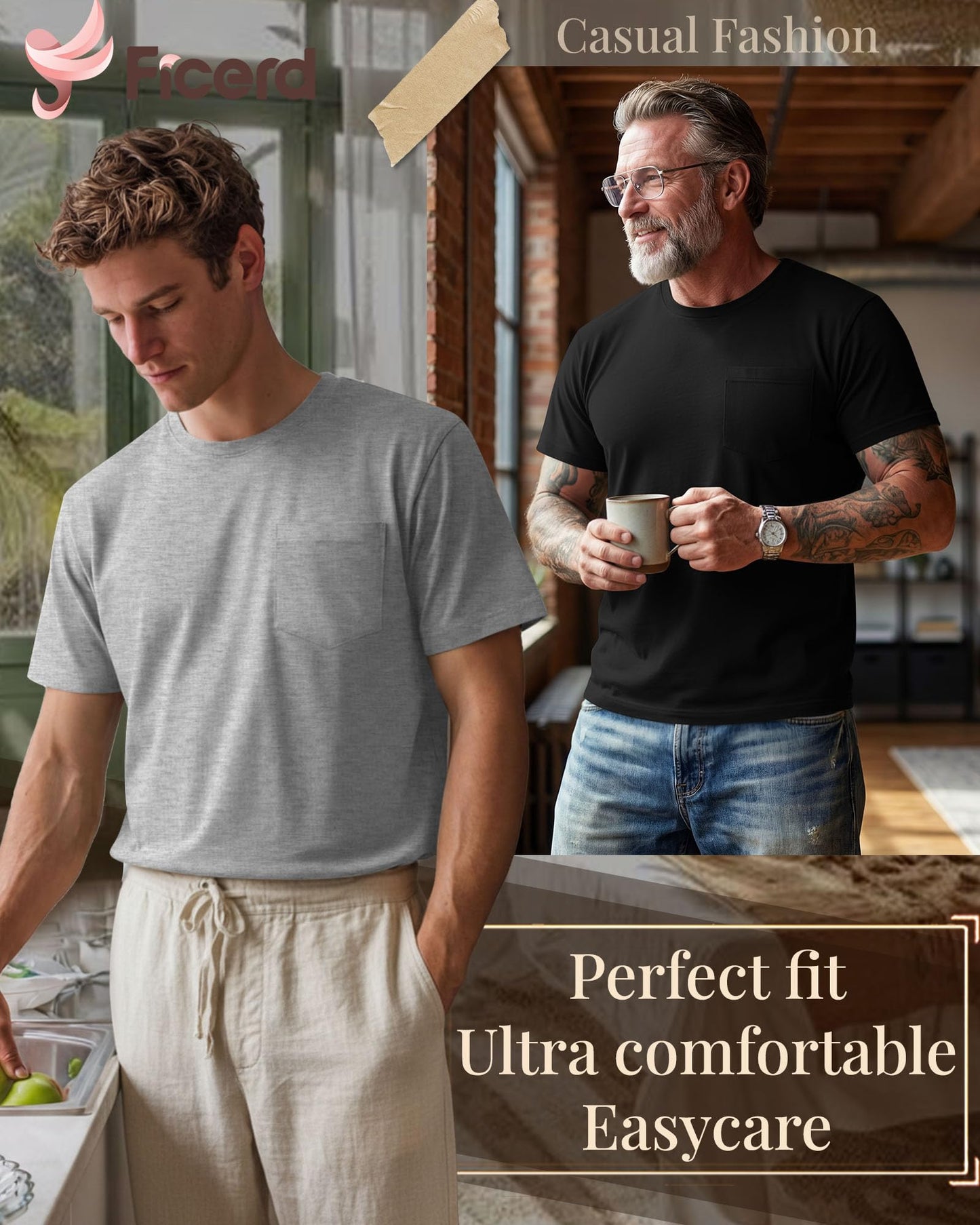 Ficerd 3 Pack Men's Big and Tall T-Shirt, Short Sleeve Pocket Basic Tee Crew Neck Lightweight Tops Solid Loose Fit Shirts(Black, Army Green, Light Mixed Gray,X-Large)