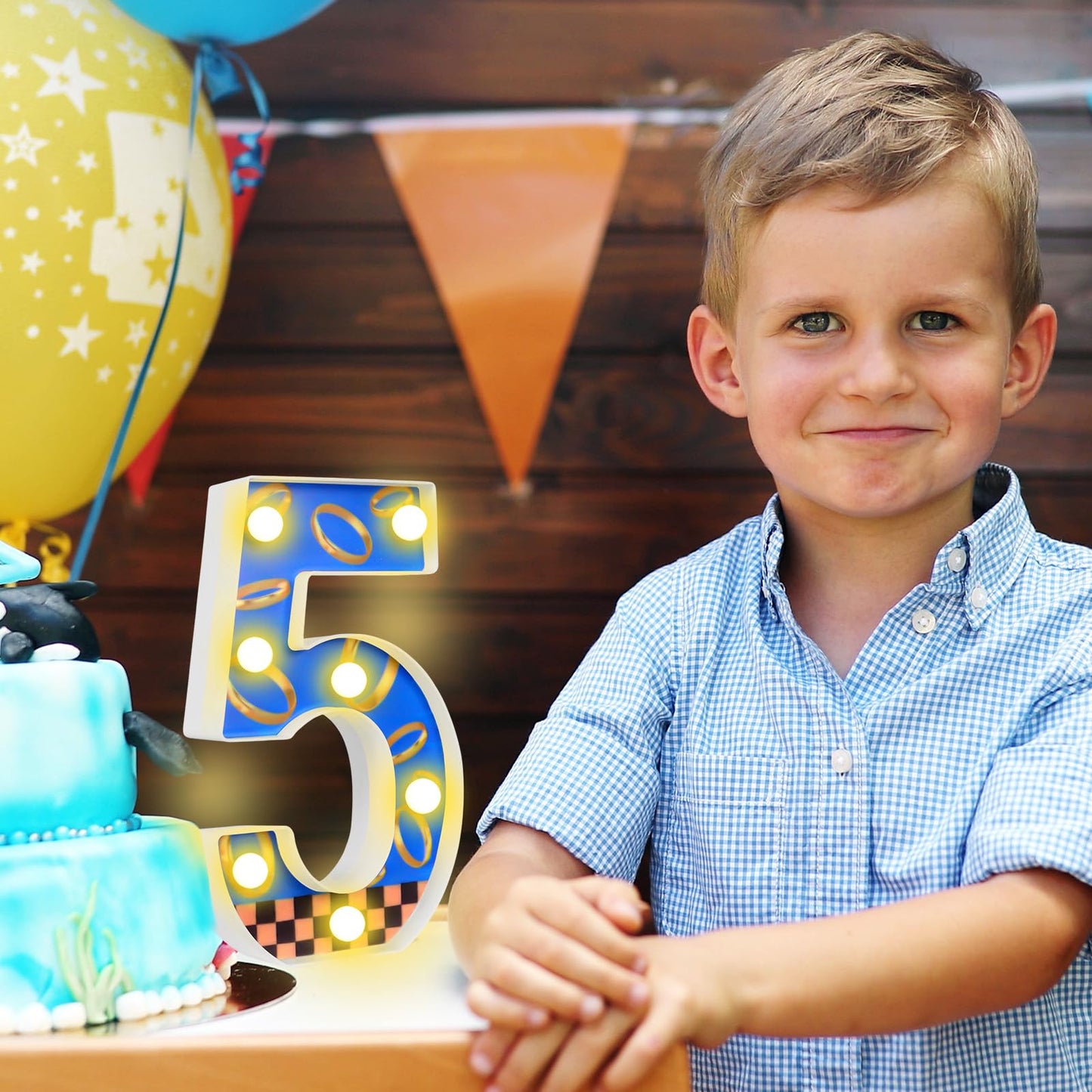 WalkManony LED Numbers Night Light(5)– Light Up Number Sign for Kids Birthday Party,Marquee Numbers with Warm White Glow,Battery Operated Blue & Gold Digits for Sonic Theme,8.66 x 5.91 in