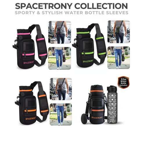 SPACETRONY Water Bottle Carrier Bag with 32 oz Water Bottle Included, Neoprene Pouch Holder with Adjustable Shoulder Strap and Zippered Pockets, Crossbody Sling for Hiking, Running and Camping