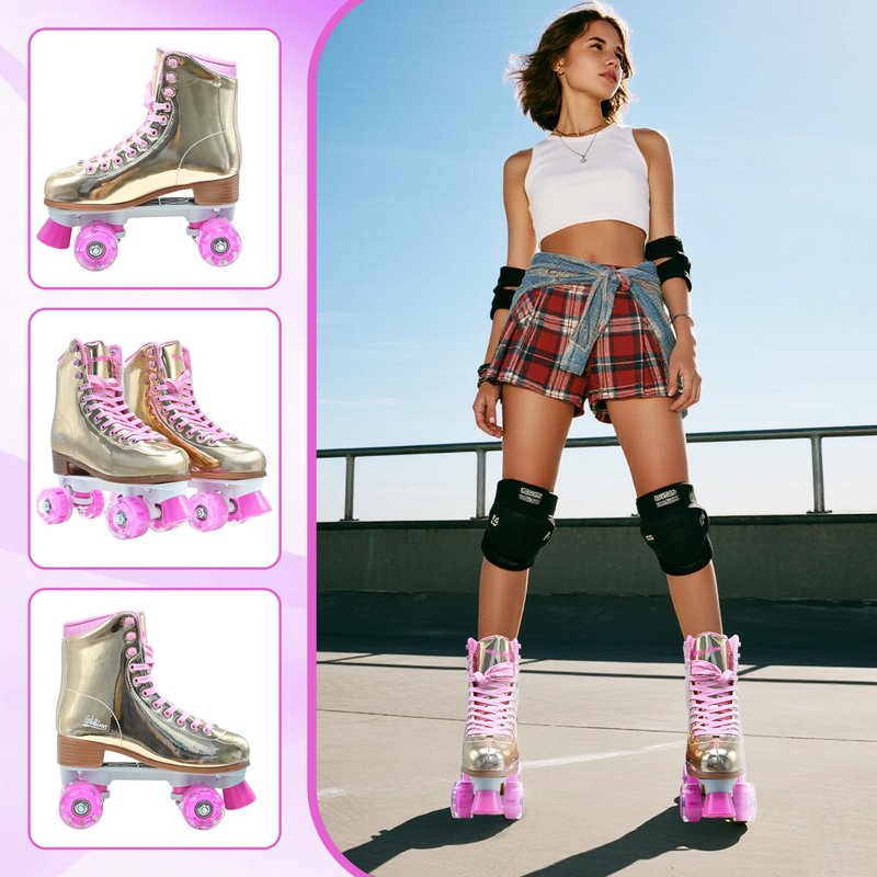 Roller Skate for Women, High-Top PU Leather Quad Skates Size 11 for Beginner, Laser Shiny Gold Double-Row Rollerskates for Girls Ages 8-50 Outdoor and Indoor
