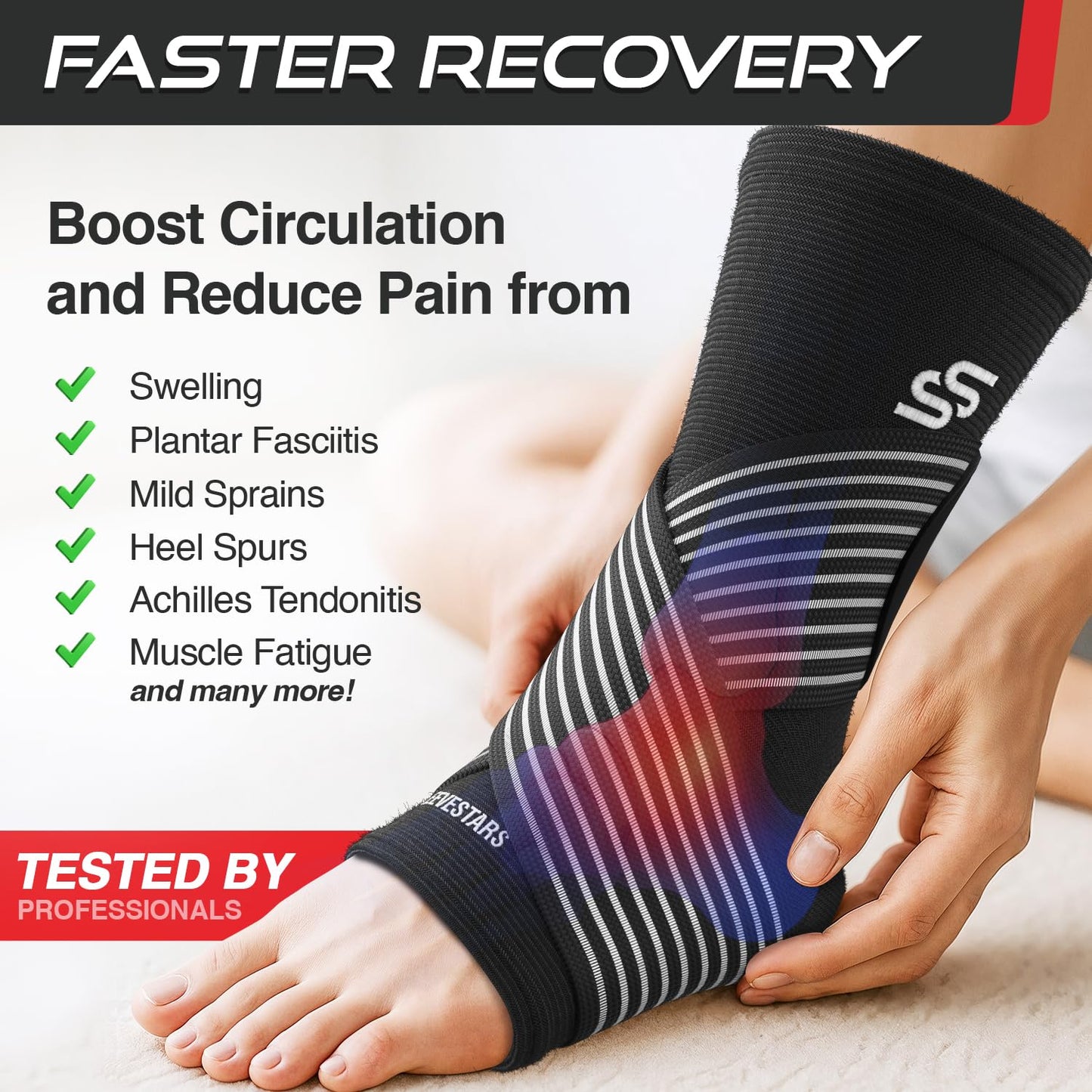 Sleeve Stars Ankle Brace - Adjustable Compression Sleeve with Removable Strap & Turmeric Curcumin Supplement Bundle for Joint Support