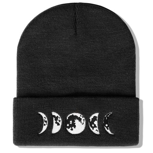 Gothic Moon Phase Skull Beanie Hats for Men Women, Warm Embroidery Winter Hat for Birthday Christmas & New Year Black