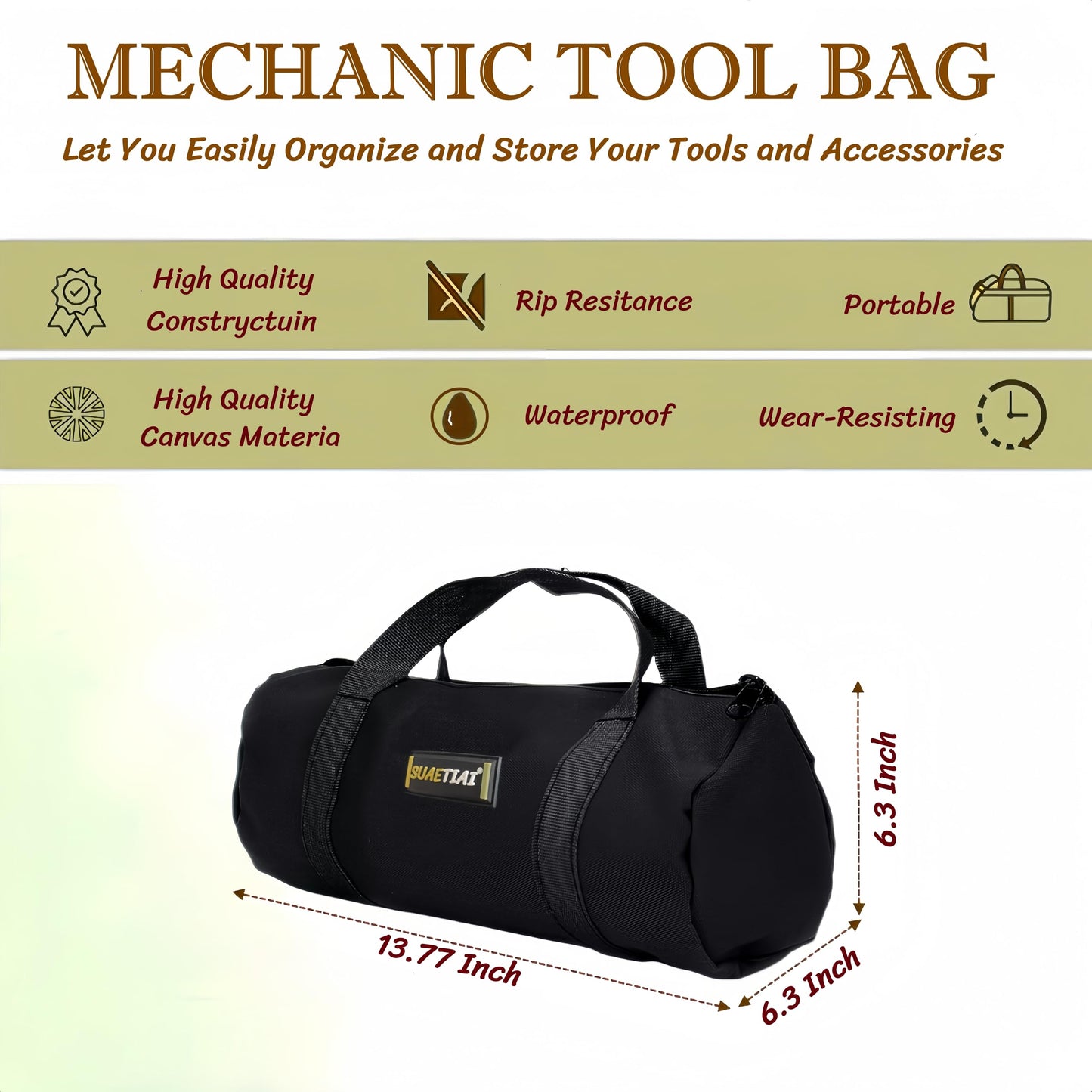 14 Inch Small Tool Bags for Men,Wide Mouth Zipper Tool Storage Bag,Large Capacity Canvas Tool Tote Bag,Portable Multi-Function Tool bag for Storage Wrenches,Screwdrivers,Repair Tools (Black)