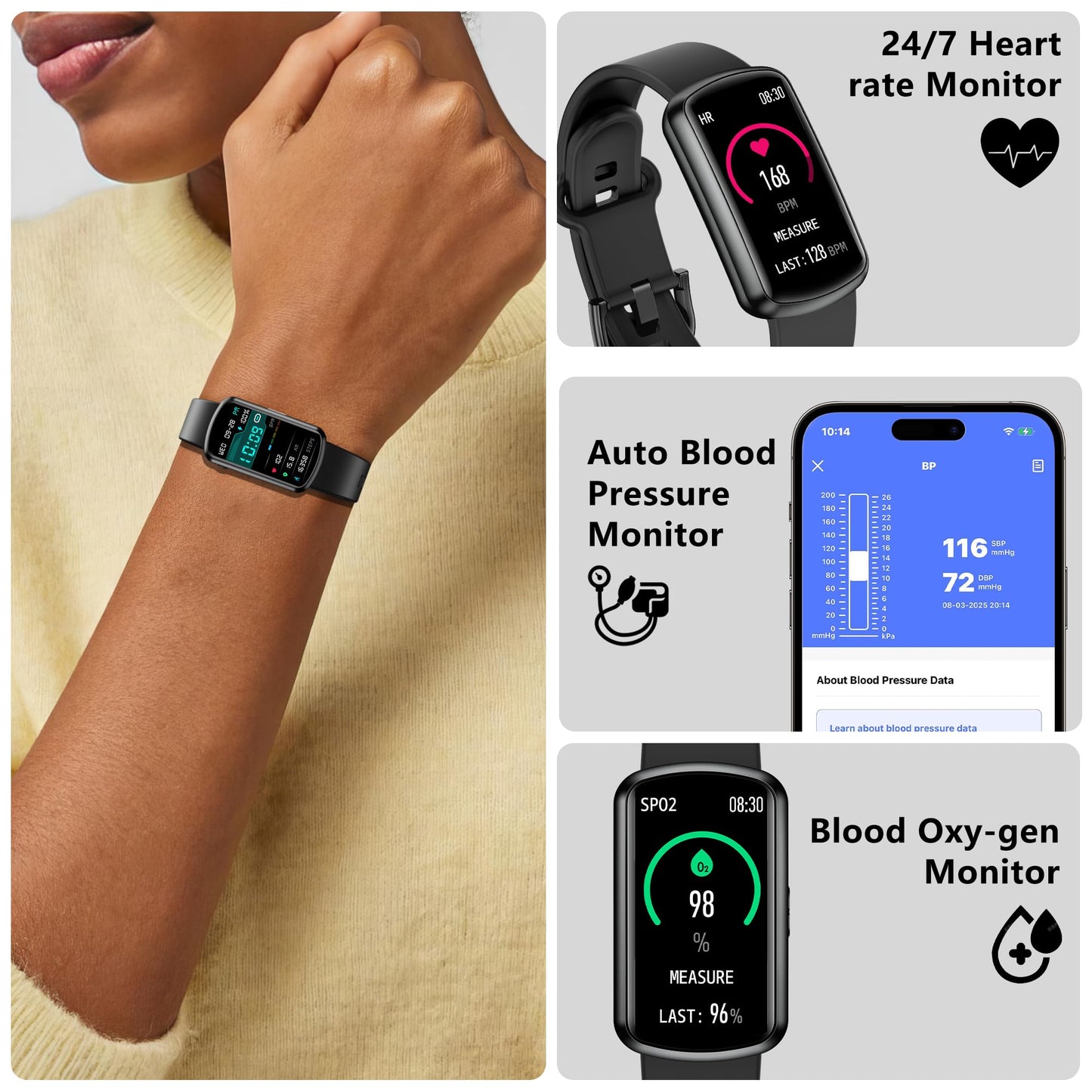 Health Fitness Tracker, Smart Watch with 24/7 Heart Rate, Activity Tracker with Blood Pressure and Blood Oxy-gen Monitor, 120 Sport Mode Waterproof Sleep Tracker for Women Men