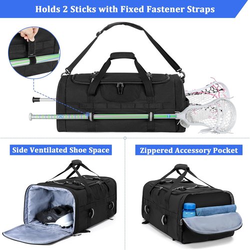 GOBUROS Lacrosse Bag - Holds 2 Sticks & Shoes | Versatile Backpack with Helmet Holder & Pockets - Black