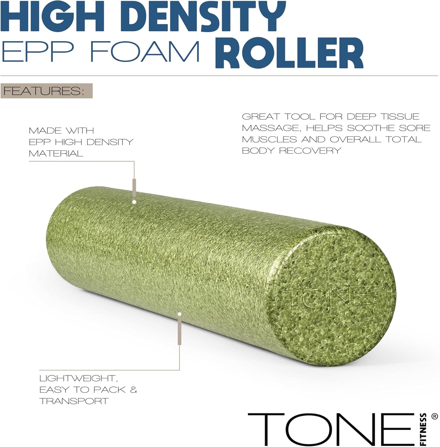 Tone Fitness High Density EPP Foam Roller - Ideal for Yoga, Pilates, Stretching & Recovery | Various Sizes & Colors