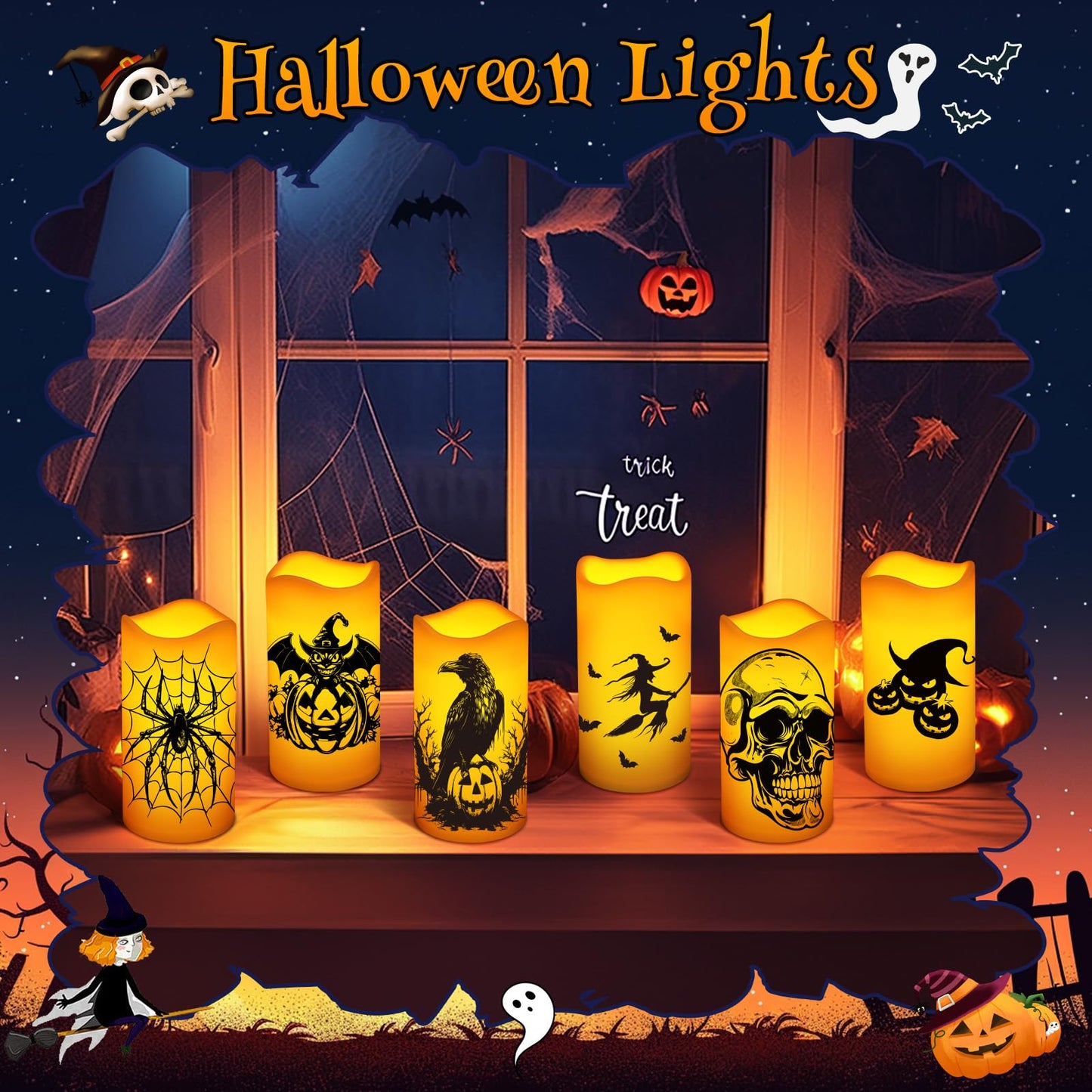 Halloween Decorations Indoor Flameless Candles Flickering Lights with Skull Spider Webs Crow Pumpkins Bats Witch, 6 Hrs Timer for Home Window Mantel 3 Pack