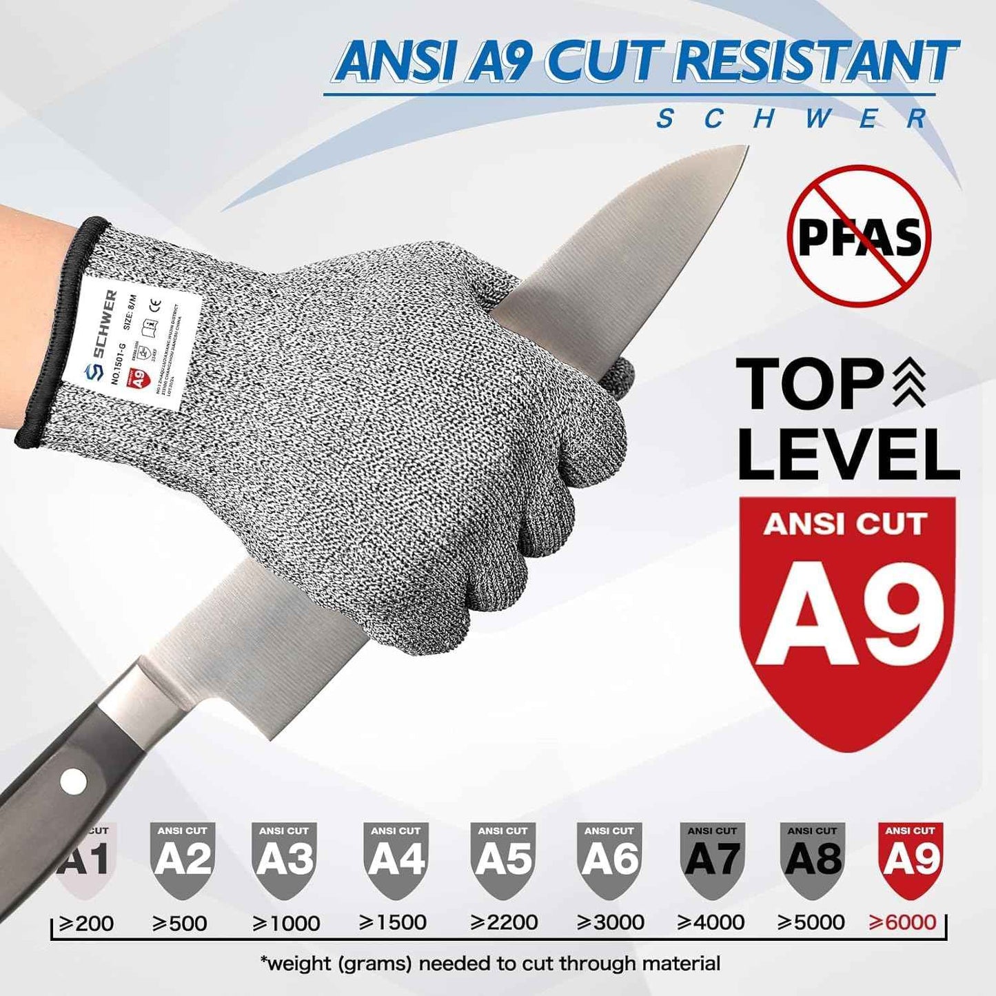 Schwer 10 Pairs ANSI A9 Cut Resistant Gloves, Food Grade Reliable Cutting Glove, Mandoline Glove for Kitchen Meat Cutting, Oyster Shucking, Fish Fillet Processing, Non-PFAS, PR1501-G, L