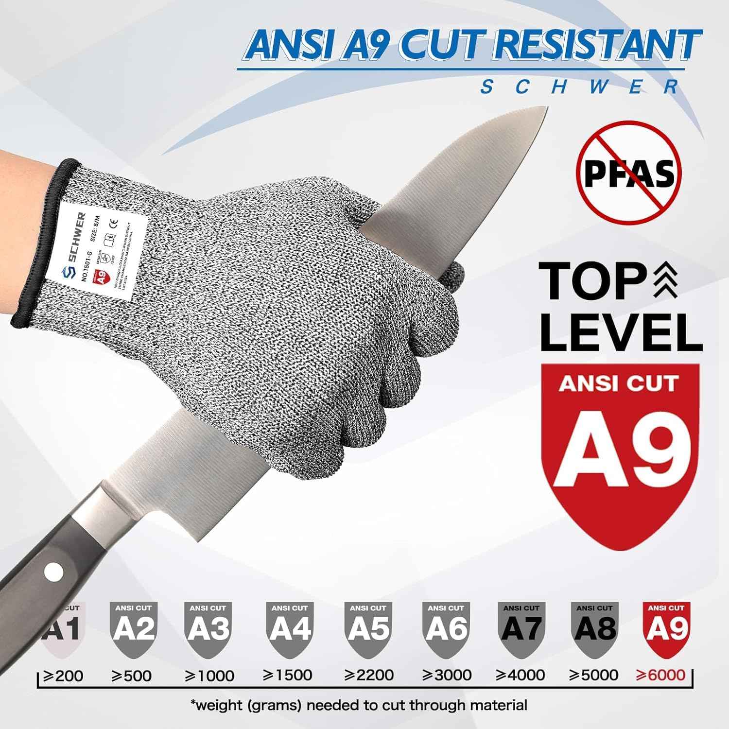 Schwer 10 Pairs ANSI A9 Cut Resistant Gloves, Food Grade Reliable Cutting Glove, Mandoline Glove for Kitchen Meat Cutting, Oyster Shucking, Fish Fillet Processing, Non-PFAS, PR1501-G, L