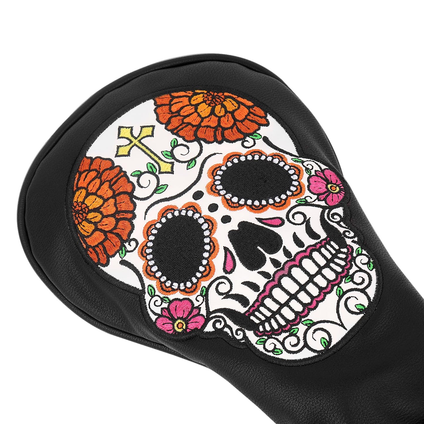 SHABIER Black Golf Hybrid Headcover with Organ Flower Embroidery Sugar Skull Design for Golf Club