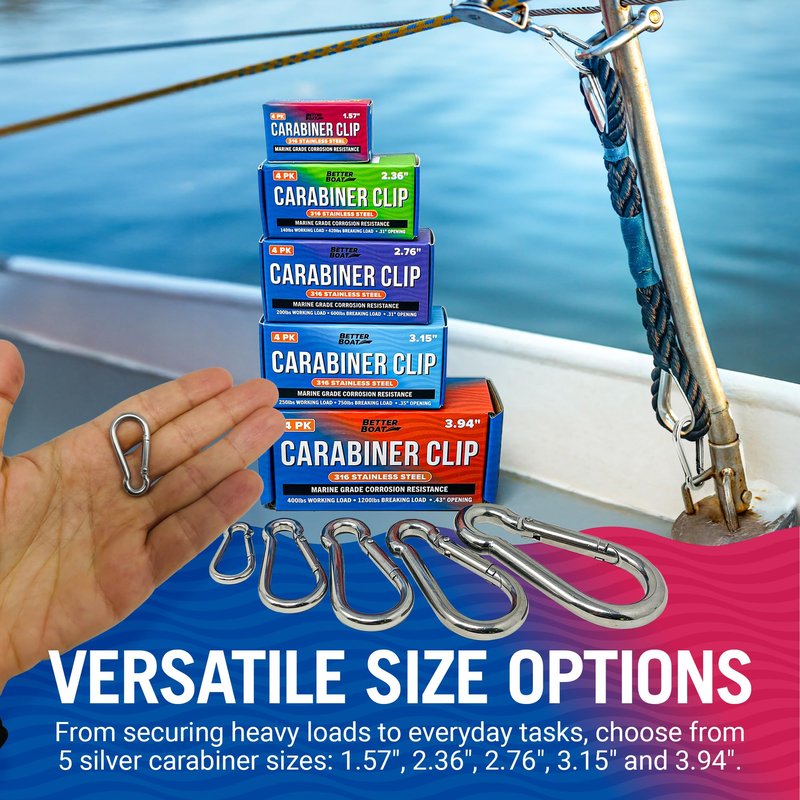 Stainless Steel Carabiner Clip, 4 Pack, 316 Marine Grade, Heavy Duty Spring Snap Hooks, Mini and Large Sizes, 2" to 4" Options, 1.57" Small Clips