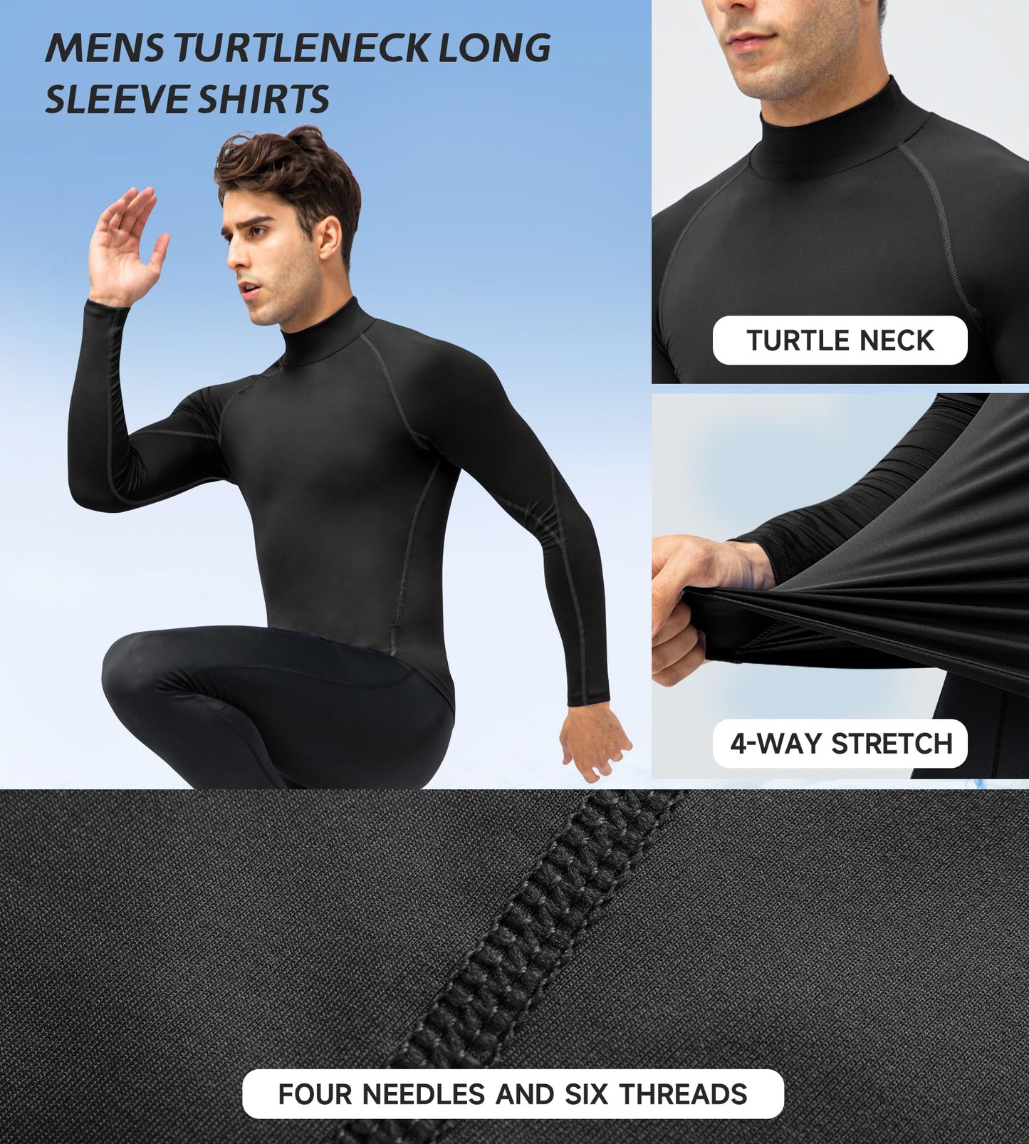 OVIYEGAIN Black Compression Shirt Men Long Sleeve Turtleneck Base Layer Tops Athletic Dry Fit Sports Running Gym Undershirts