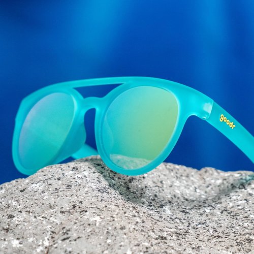 goodr Dr. Ray, Sting Polarized Sunglasses, Medium Sized (PHG), Blue Solid Frames with Aqua Blue Mirrored Reflective Lenses, UV400 Protection, No Slip, No Bounce