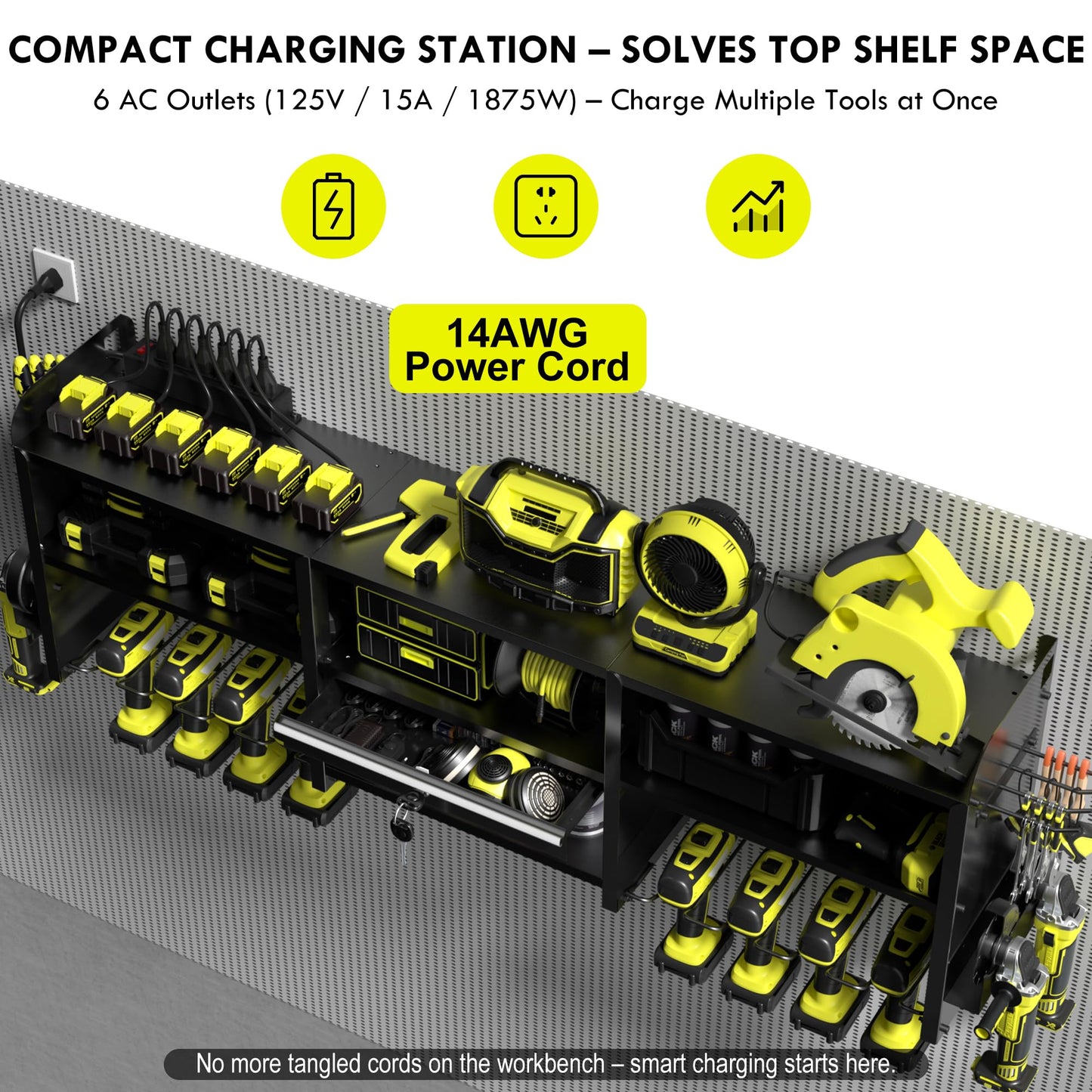 KSVO Large Power Tool Organizer Wall Mount with Drill Rack, Grinder Holder, Hammer & Pliers Rack, Locking Drawers & 6-Outlet Charging Shelf – Heavy Duty Metal Tool Storage for Garage & Workshop