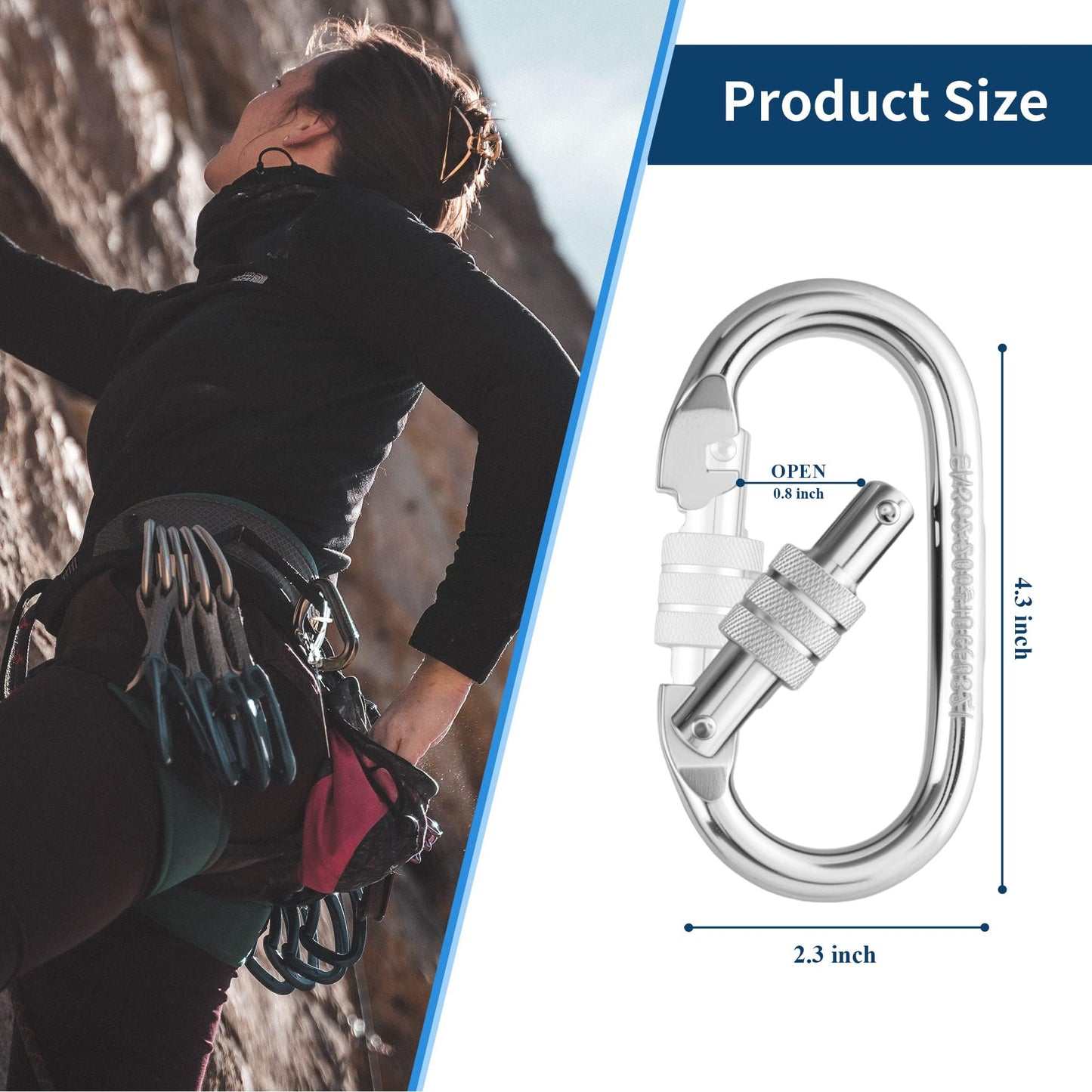 EMEKIAN 2 Pack Oval Indoor Outdoor Climbing Carabiner, Screw Locking Heavy Duty Safety Caribeener Clips, 25 KN (5600 LBS) for Hammock, Rope, Hiking, Camping