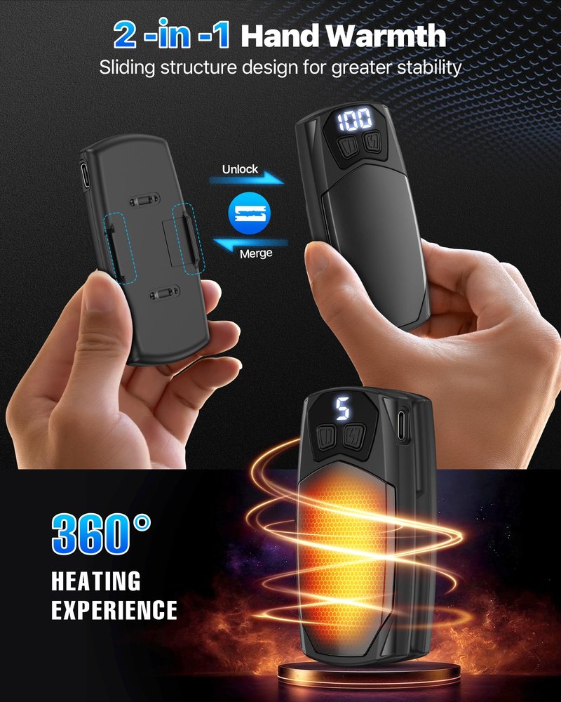 Kesguar Hand Warmers Rechargeable 2 Pack - 6000mAh Electric AI Handwarmers, LED Display & 5-Level Heating, 20Hrs Long Lasting, 2-in-1 Portable Heater, Gifts for Valentine's Day/Golf/Hunting