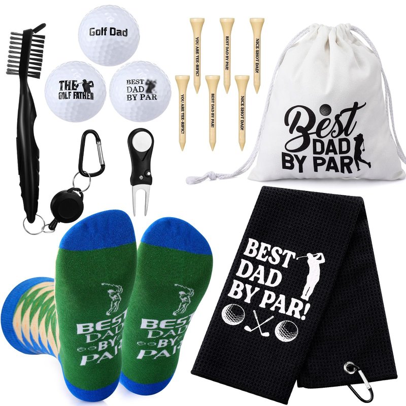 Shappy 14 Pcs Golf Gifts Set for Dad Balls Tees Towel Brush Divot Repair Tool Socks Bags Best Dad by Par Accessories for Father's Day Birthday