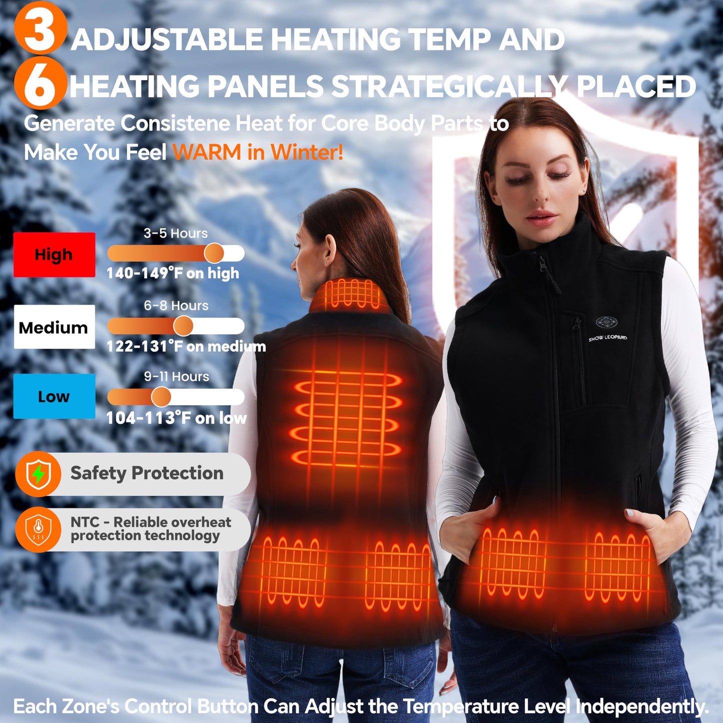 SNOW LEOPARD Women’s Heated Vest with Battery Pack Included, 7.4V 16000mAh Fleece Smart Electric Lightweight Heating Vest
