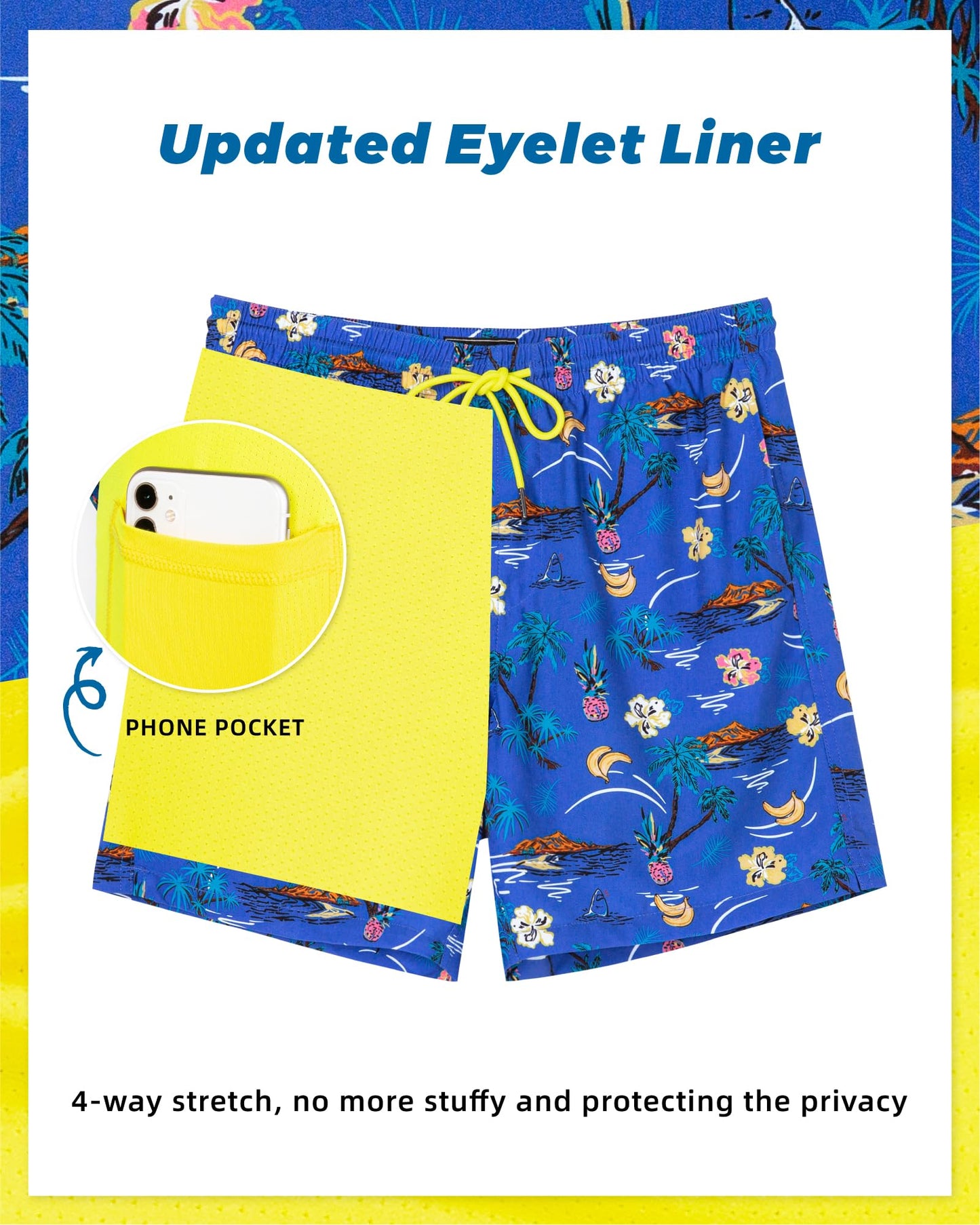 SURF CUZ Mens Swim Trunks with Compression Liner Quick Dry Swim Shorts 7" Swimming Trunks Stretch Zipper Pockets,Summer Hawaii,XS