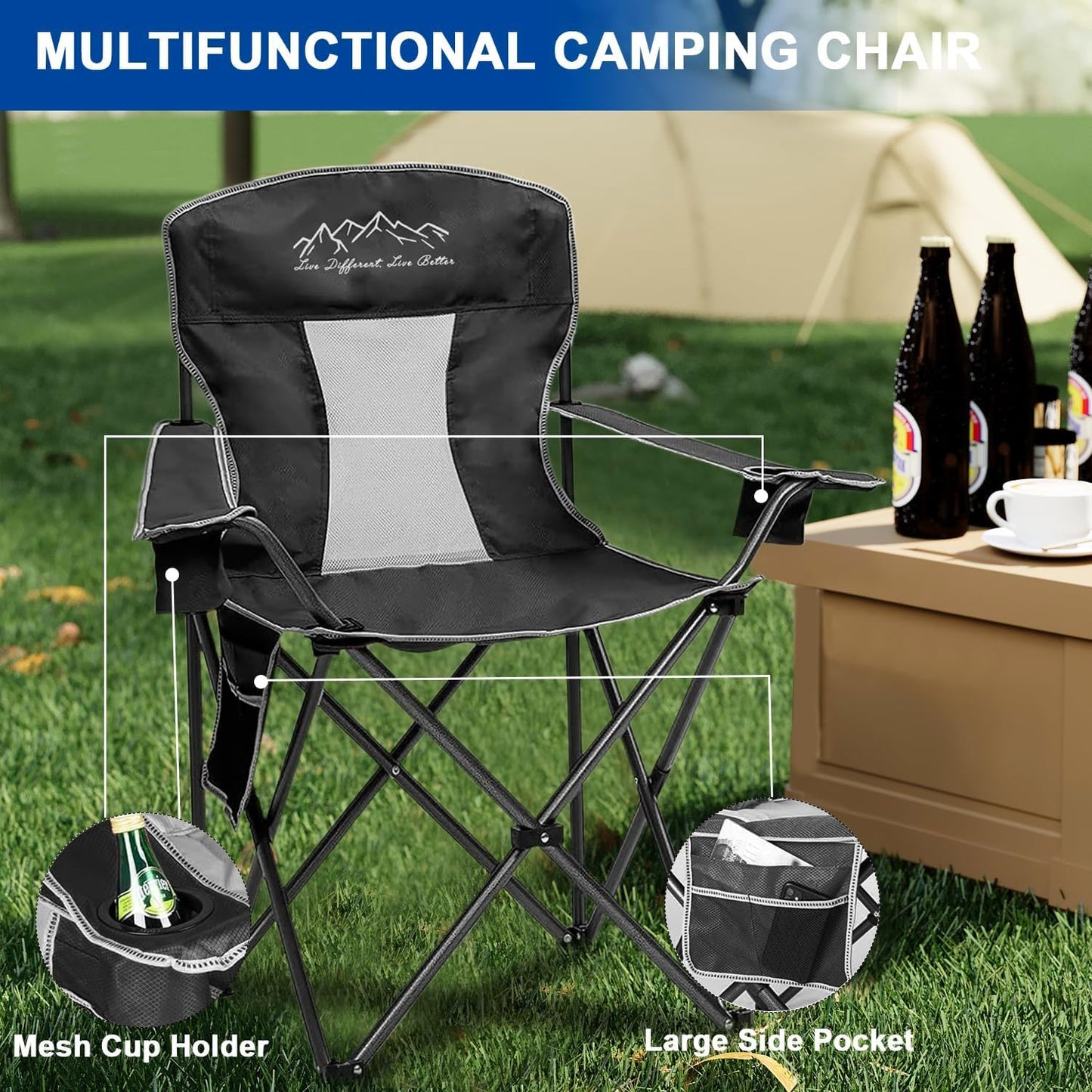Skiennix Outdoor Folding Camping Chair - Breathable Mesh, 400lbs Capacity, Includes Cup Holder & Storage Bag | Black