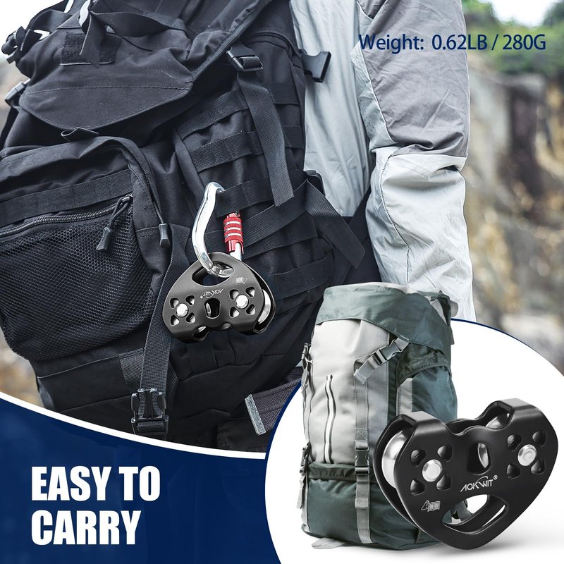 Zip Line Pulley 8-13mm Climbing Pulley Cable Rope Durable Aluminum Stainless Steel Roller Double Tandem Speed Dual Pulley 25KN for Backyard Zipline Hauling Rigging Mountaineering Rescue Climbing Gear