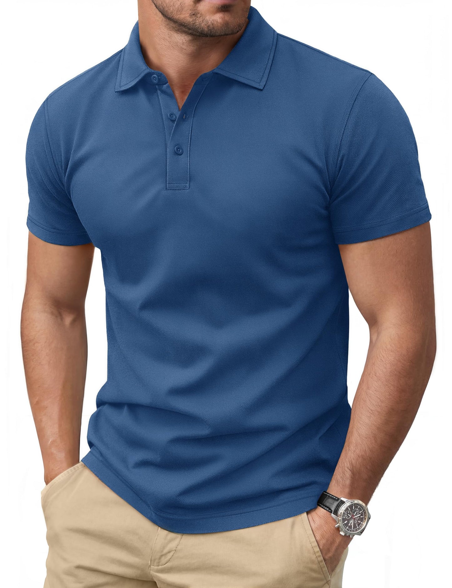 Cotrasen Polo Shirts for Men Cotton Pique Short Sleeve T-Shirts 3 Buttons Classic Fit Casual Athletic Performance Golf Tee Shirts Blue Gray L