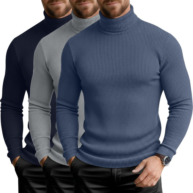 August Alley 3 Pack Men's Waffle Turtleneck Long Sleeve Shirts Slim Fit Pullover Sweater Thermal Undershirt Soft Base Layer(Navy Blue, Gray, Haze Blue,Large)