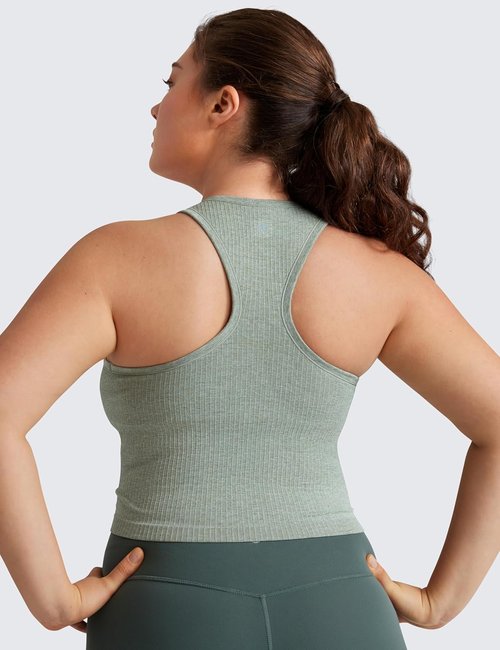 CRZ YOGA Seamless Ribbed High Neck Crop Tank Tops - Longline Racerback Padded Sports Bra for Women