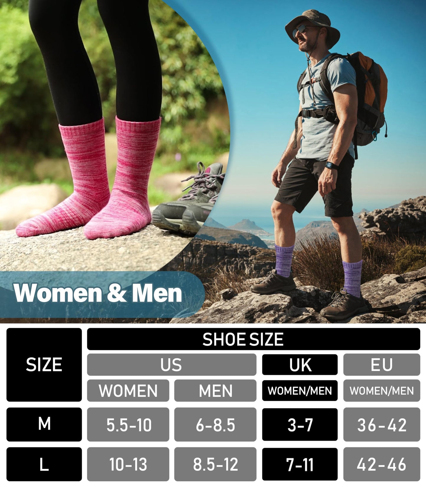 LANLEO Merino Wool Hiking Socks for Women Men Thermal Extra Thick Winter Warm Comfy Cushioning Crew Boot Socks 4 Pairs Rose Red/Pink/Dark Purple/Light Purple,Medium