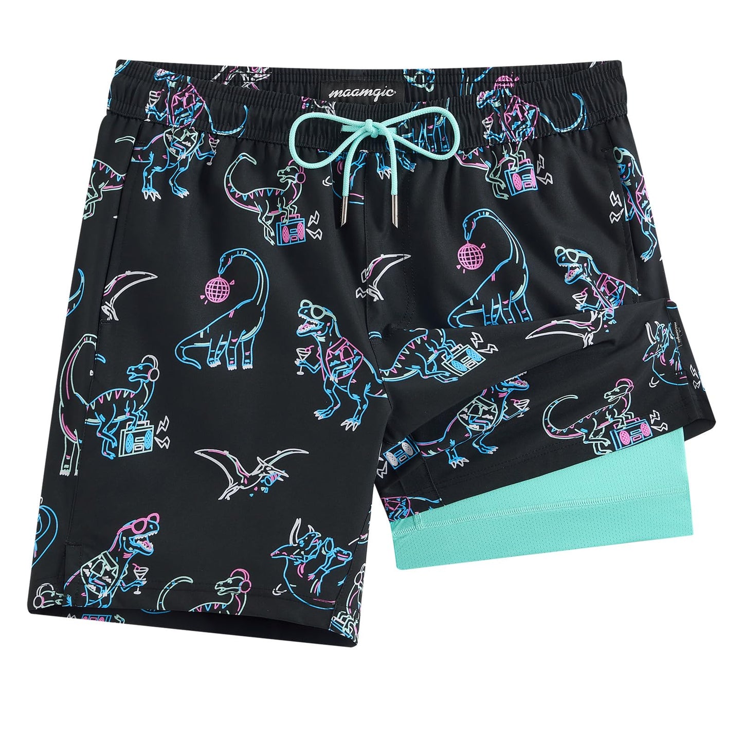 maamgic Mens Swim Trunks with Compression Liner 7 Inch Inseam Mens Bathing Suit Quick Dry Swimming Trunks Swimsuit Neon Dinosaur X-Large