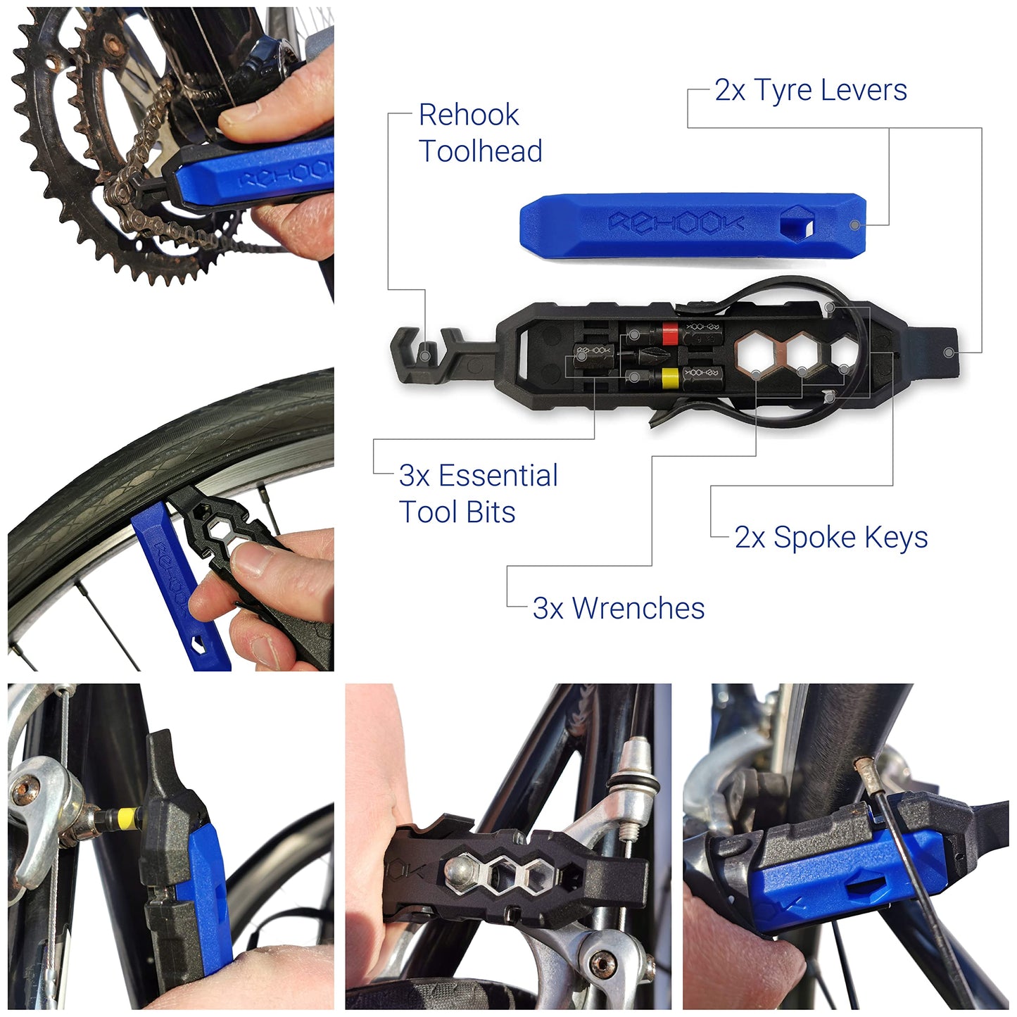 Rehook PLUS - Lightweight Bike Multi Tool for Cyclists. Includes Tyre Levers, Spoke Keys, Chain Tool, Wrench, Hex, Screwdriver