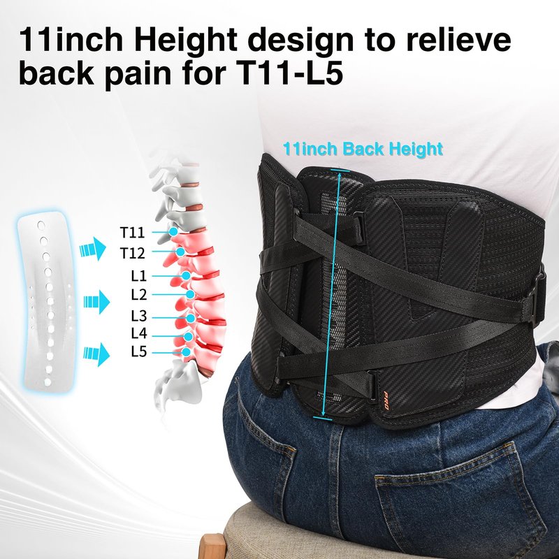 TIMTAKBO 11inch Height Back Brace for Lower Back Pain Relief,9X Power Back Support Brace for Men, Women with Removable Ergonomic Bionic Vertebra Plate, for Herniated Disc, Sciatica, Scoliosis（Large）