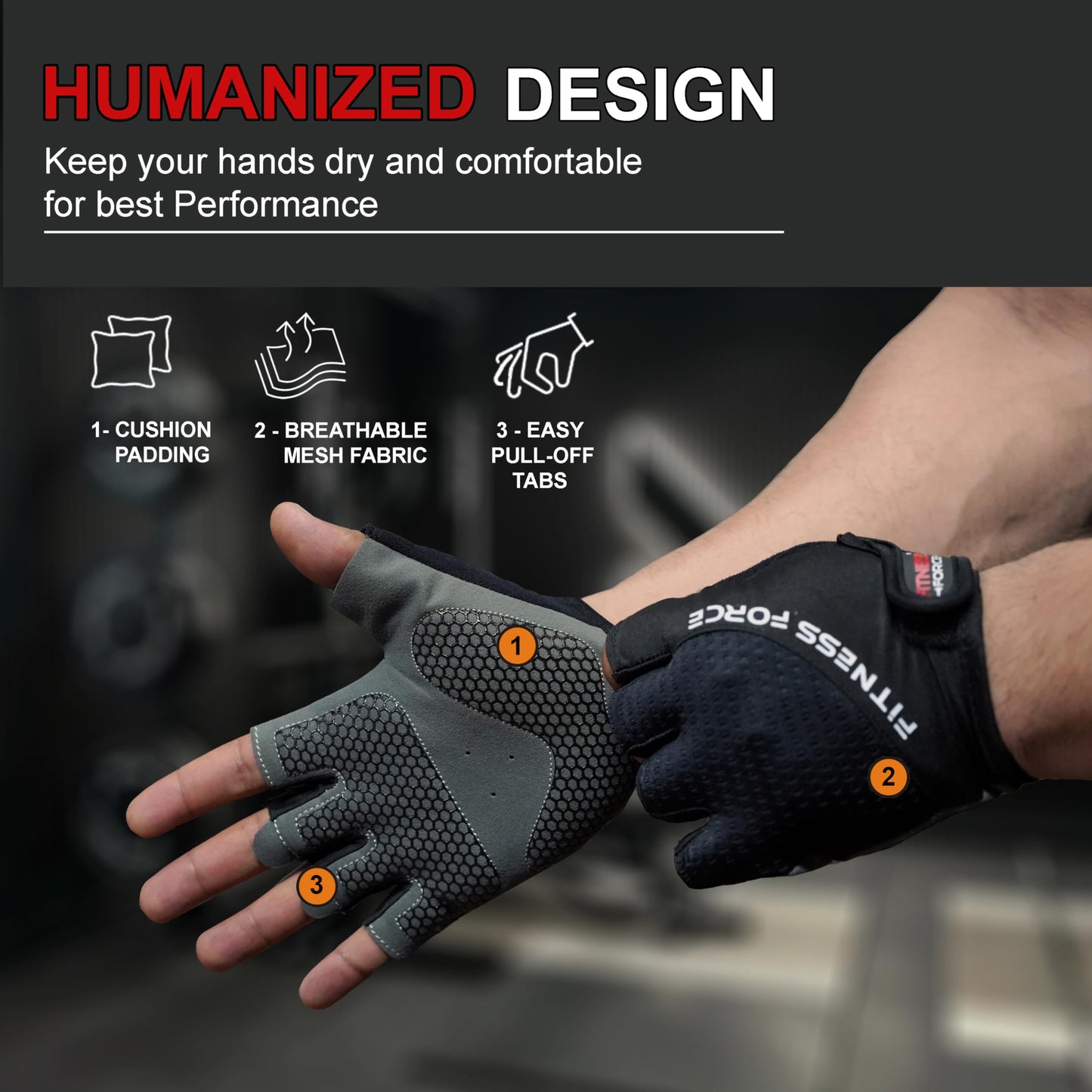 FITNESS FORCE Breathable Workout Gloves for Men and Women, Padded Weight Lifting Gloves with Full Palm Protection for Grip, Exercise, Cycling, Gym, Fitness Training (Black, Medium)